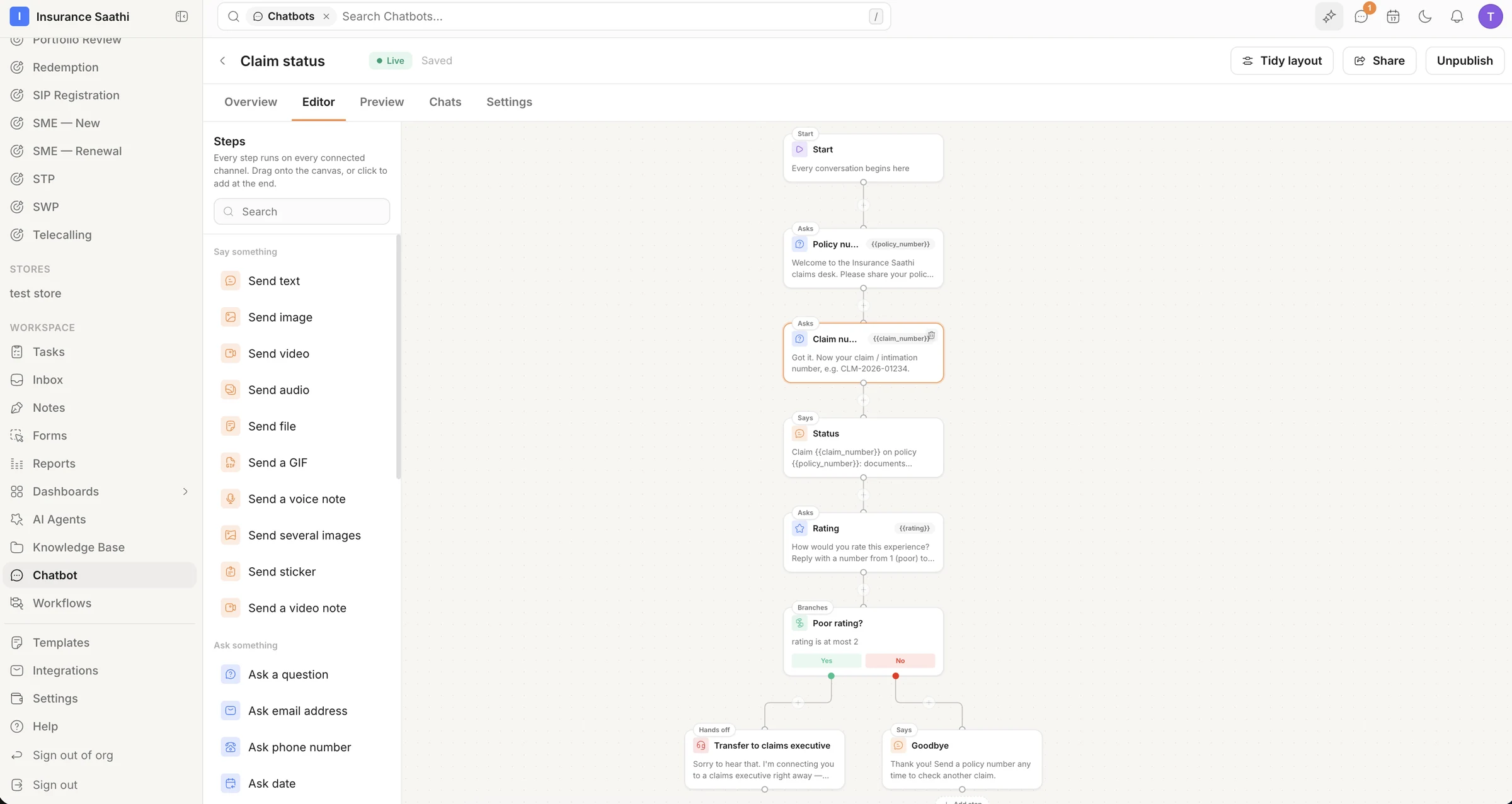 The chatbot builder: a Claim status bot on a canvas — ask for a policy number, ask for a claim number, send the status, ask for a rating, branch, and hand off to a claims executive.
