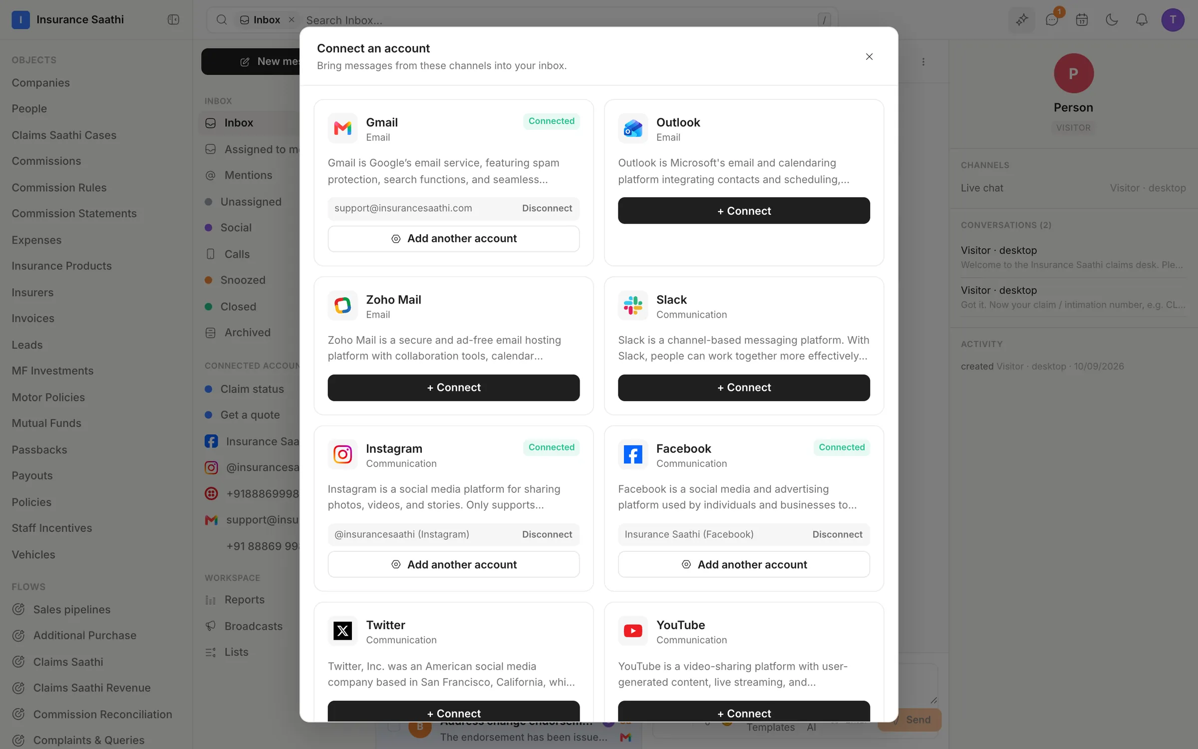 Connecting an account to the inbox: Gmail, Outlook and Zoho Mail for email, and Slack, Instagram, Facebook, X and YouTube — the connected ones marked.