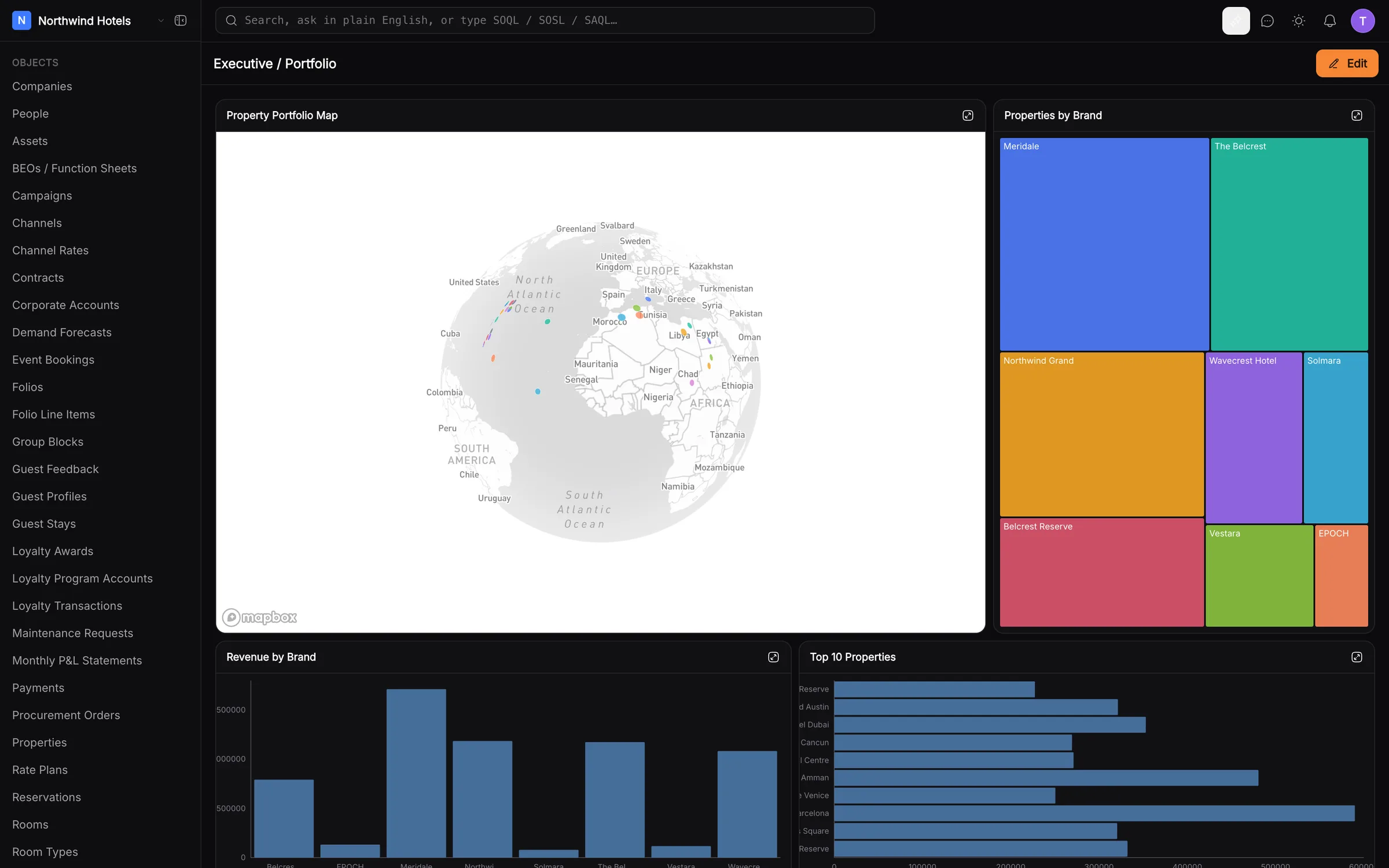 An executive dashboard in dark mode: a property portfolio map, a brand treemap and revenue charts.