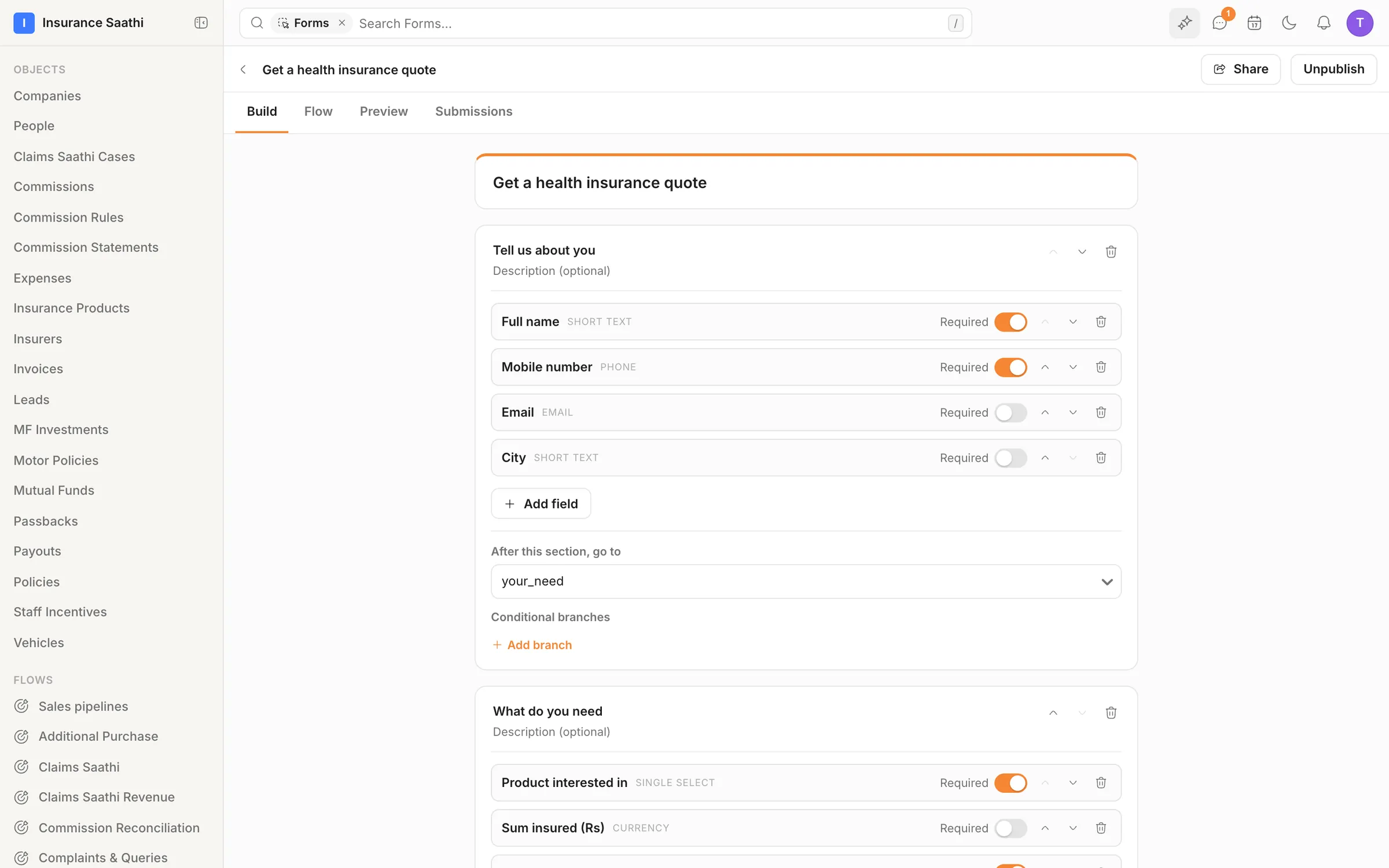 The form builder: a health-insurance quote form in sections, with field types, required toggles and a branch to the next section.