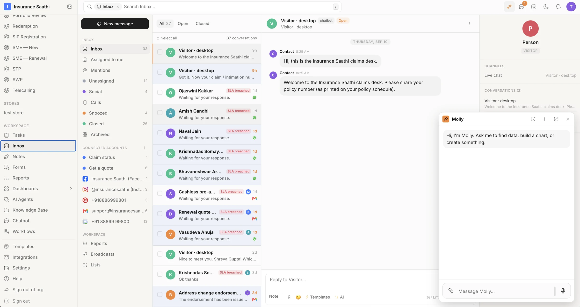 The klerc inbox: conversations from WhatsApp, Gmail, Instagram, SMS and a website chatbot in one list with SLA flags, and Molly open in a side panel.