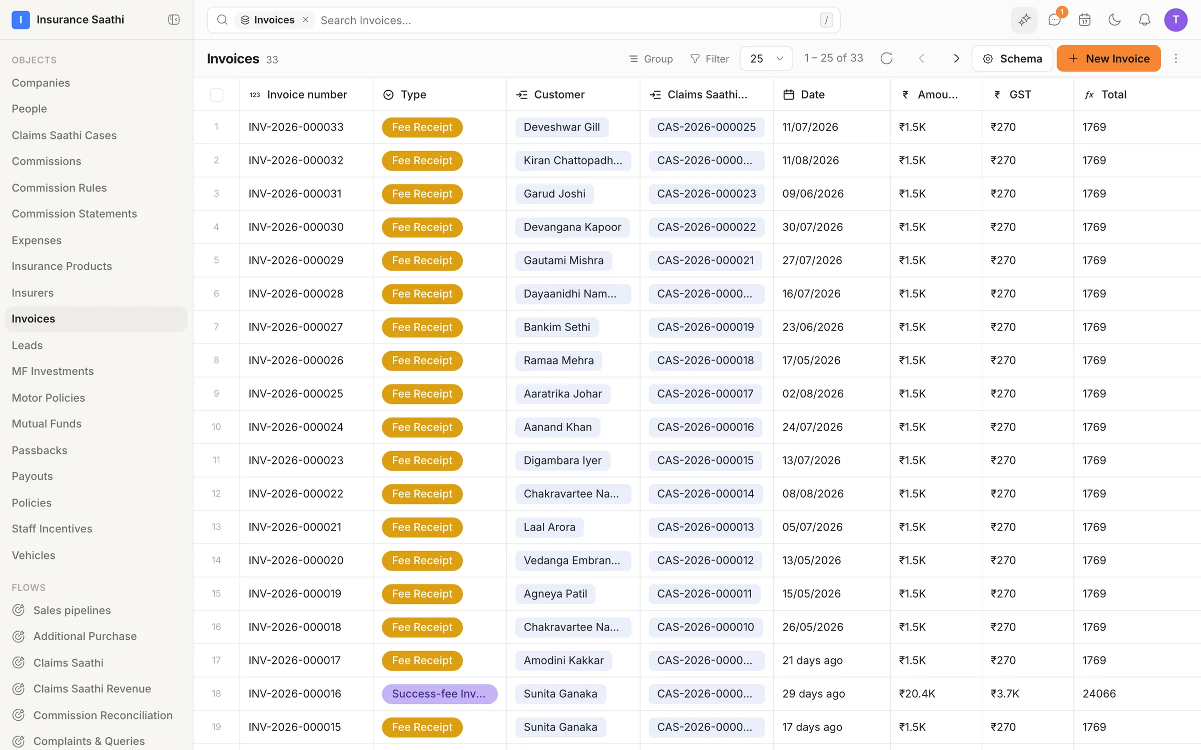 The Invoices object: auto-numbered invoices — fee receipts and a success-fee invoice — each with its customer, linked case, date, amount, GST and a formula total.