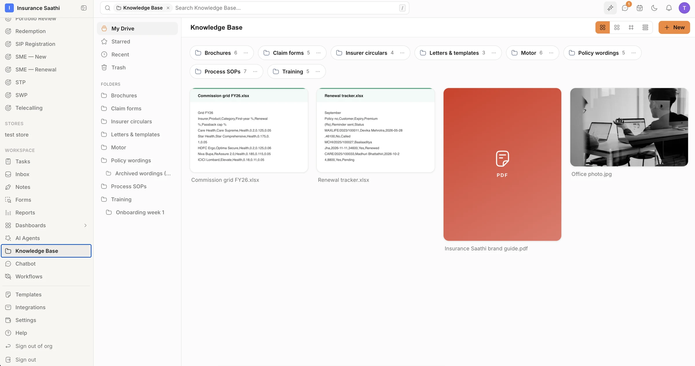 The knowledge base: folders for brochures, claim forms, insurer circulars and process SOPs, with spreadsheet and PDF previews.