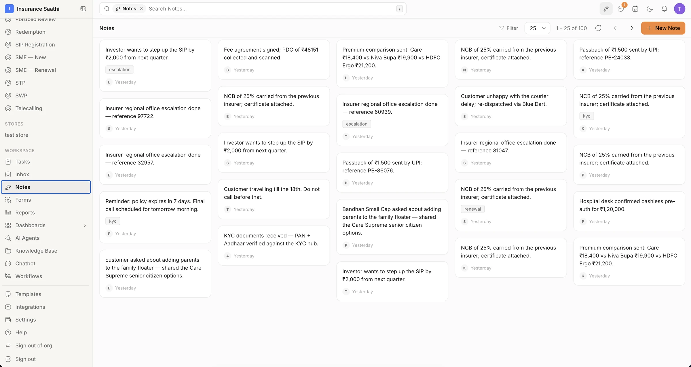 Notes in klerc: a grid of rich-text notes tagged escalation, KYC and renewal, each attached to a record.