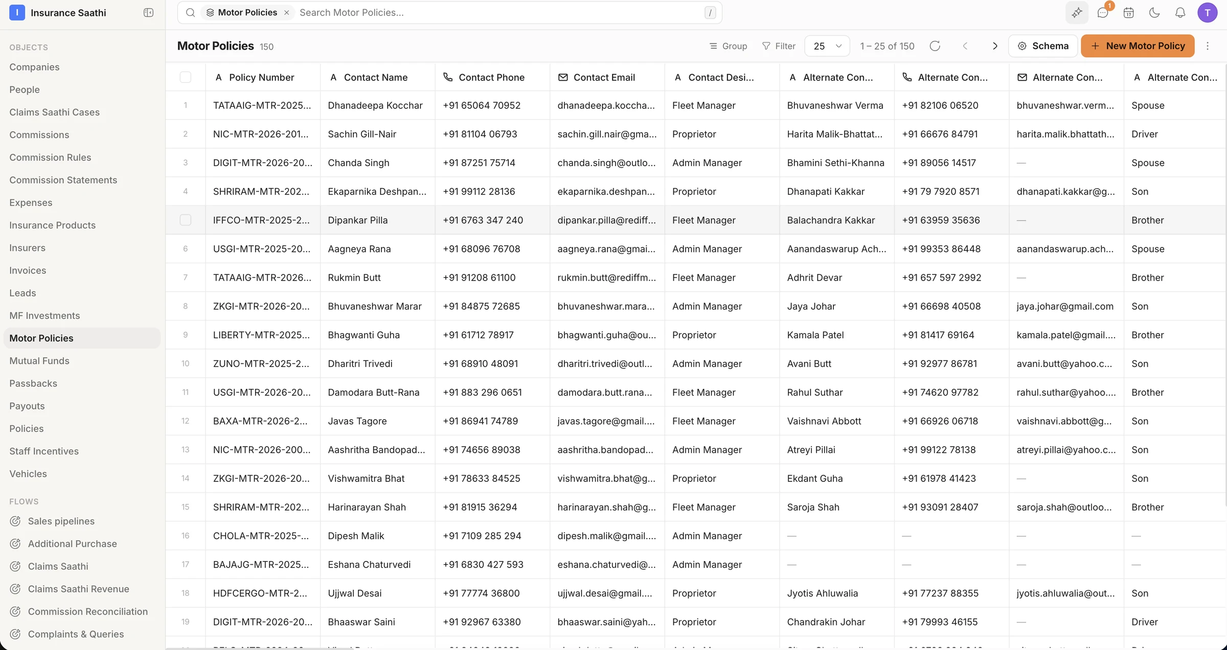 The Motor Policies object as a table of 150 records: policy numbers, contact names, phones, emails and designations.