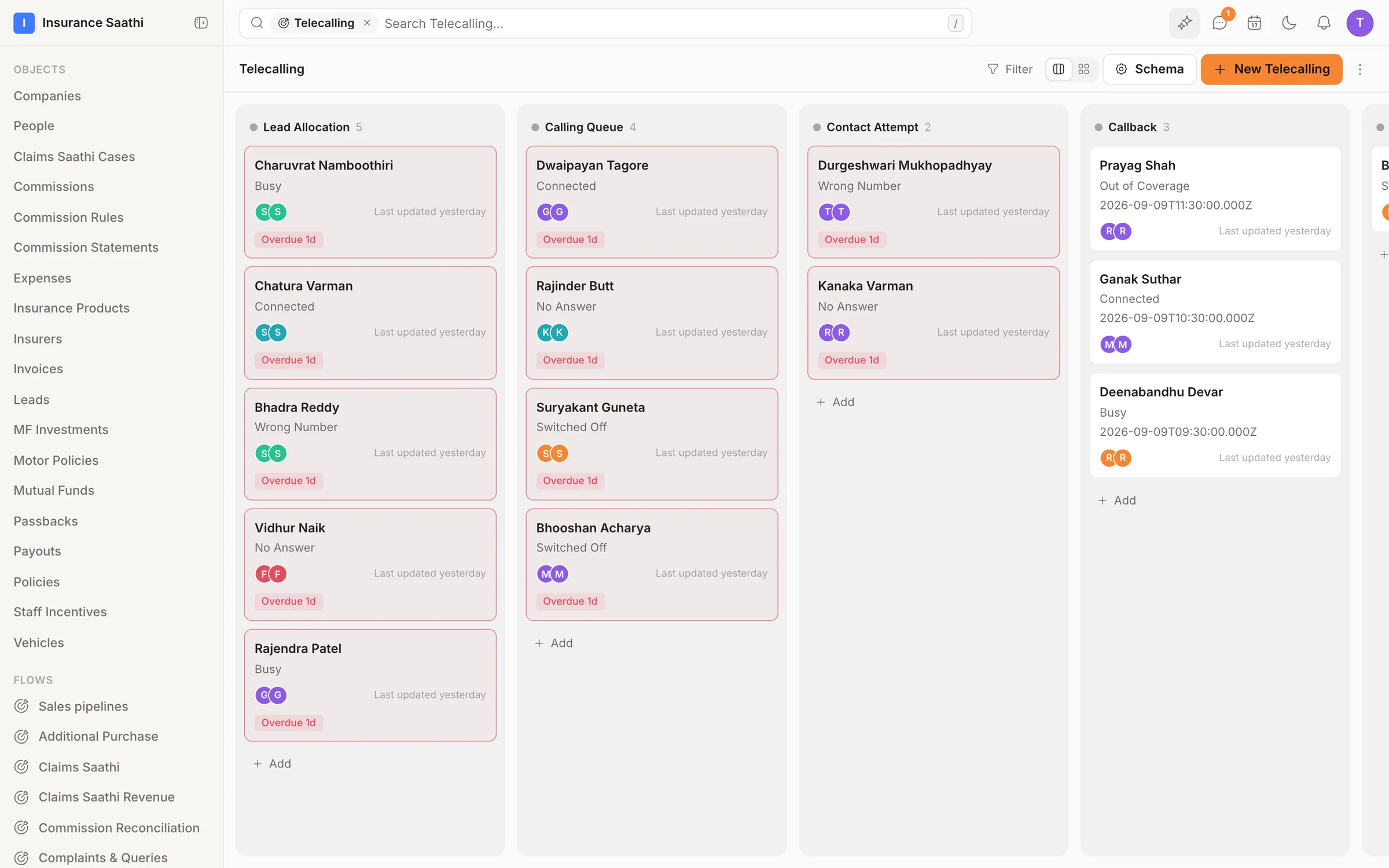 A Telecalling flow: Lead Allocation, Calling Queue, Contact Attempt and Callback columns, each card showing the call outcome, with overdue cards flagged.