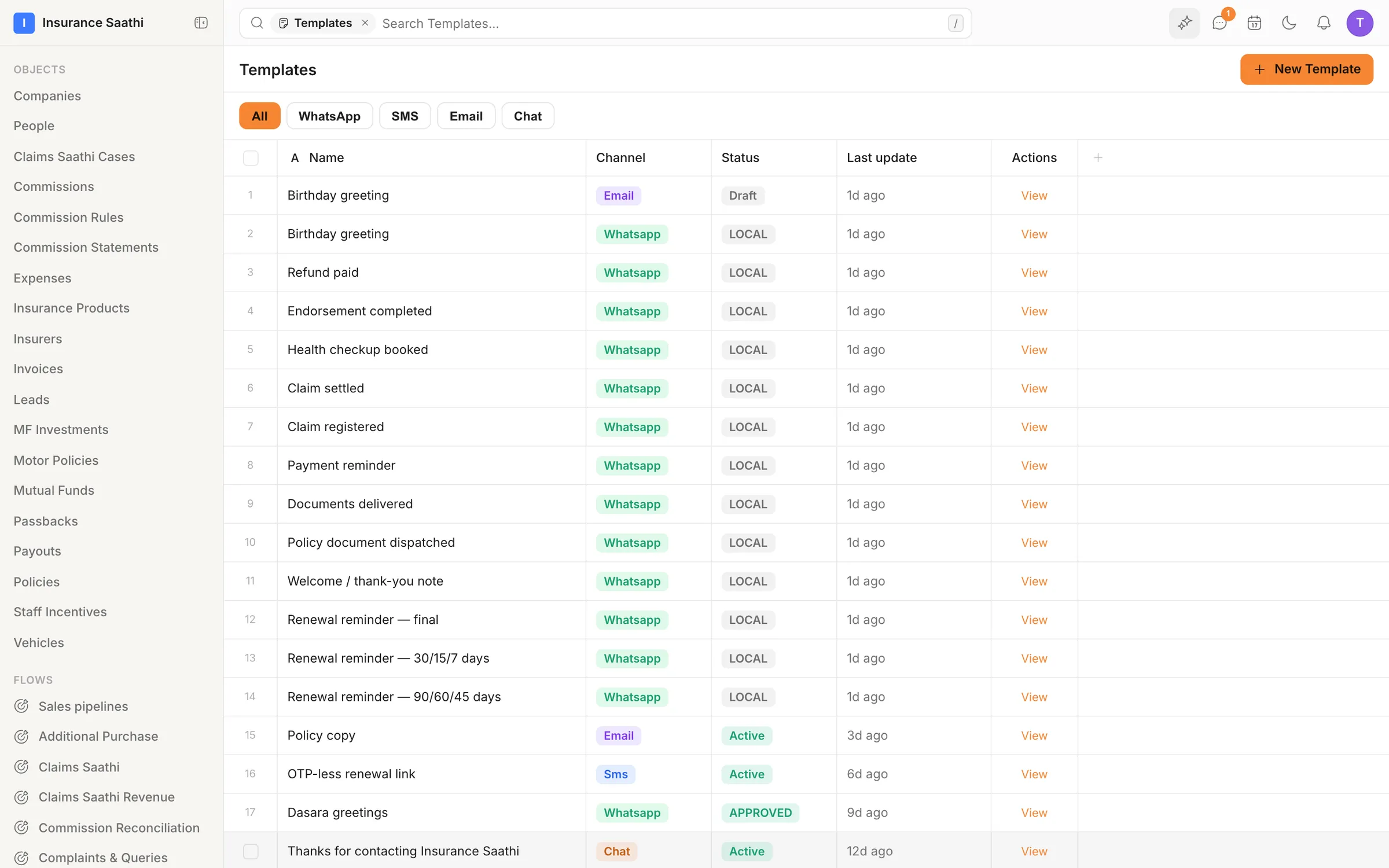 The template library: renewal reminders, claim updates, policy copies and greetings across WhatsApp, SMS, email and chat, each with its status.