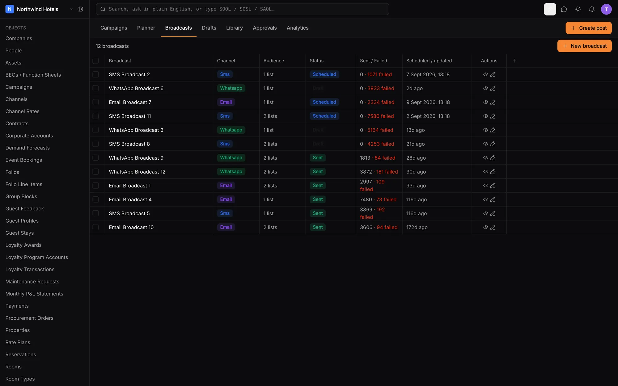 klerc broadcasts list with channels, audiences and delivery stats