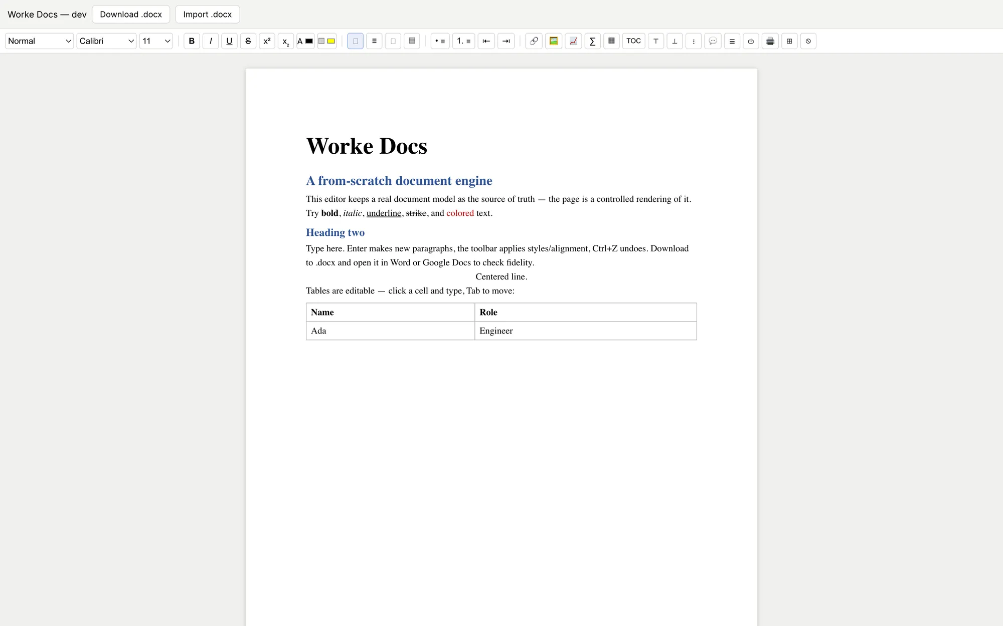 klerc Docs editor with a formatted document