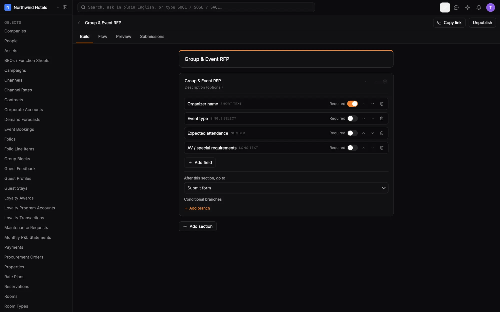 Form builder with sections and branching