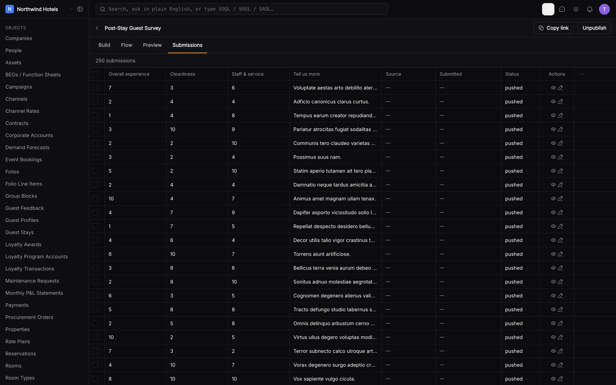 Form submissions table with scores and push status