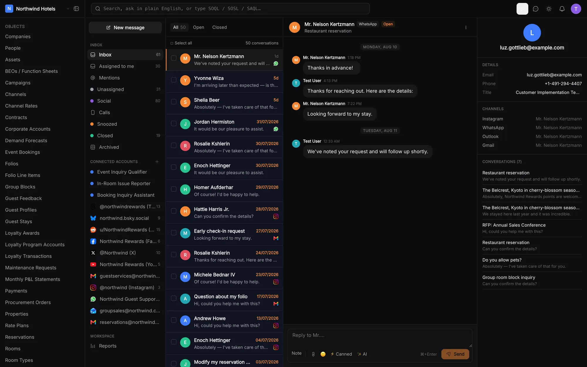 klerc omnichannel inbox with a WhatsApp thread open