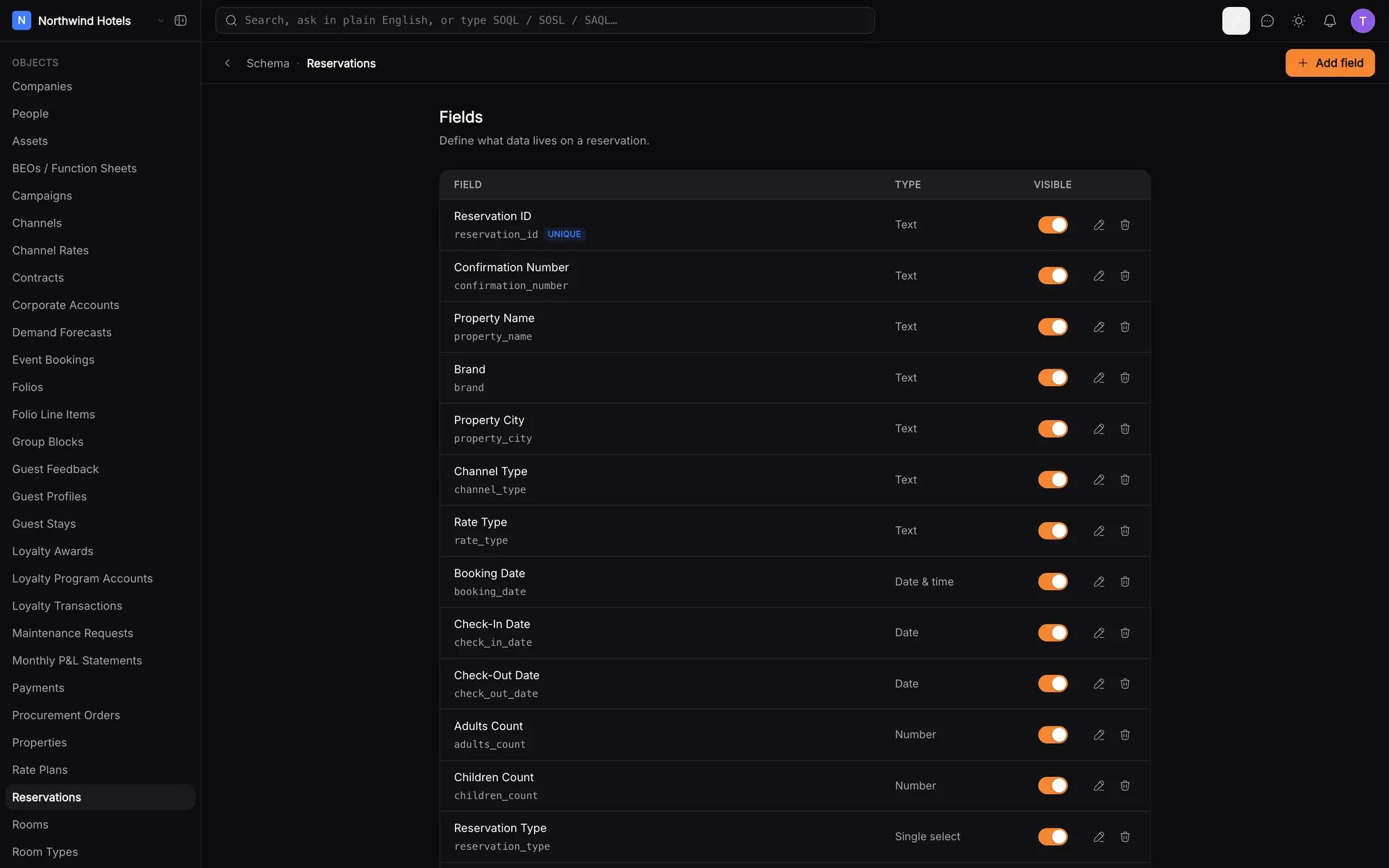 klerc schema editor listing reservation fields with types and visibility toggles