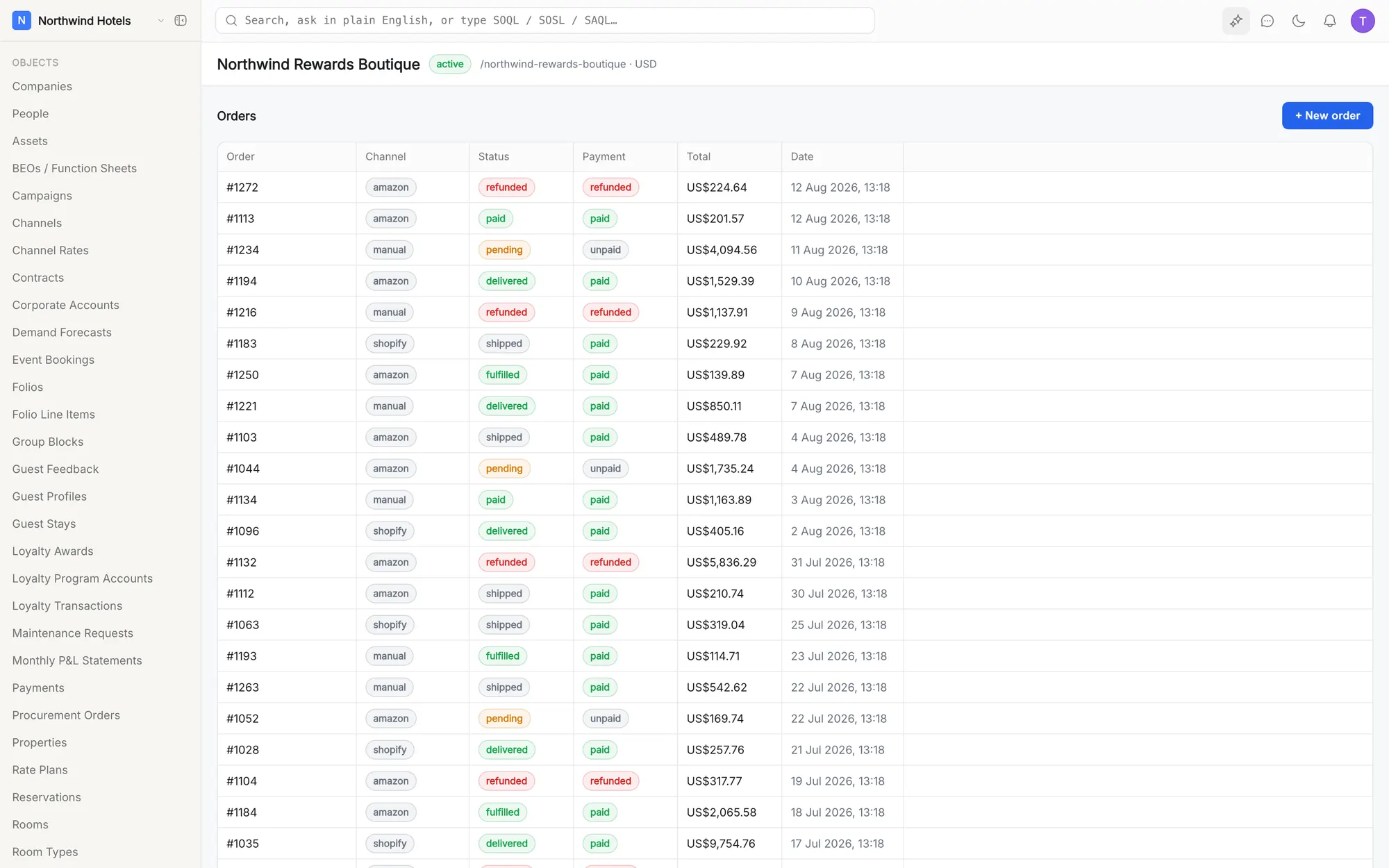 klerc orders list with channels, payment and fulfillment statuses
