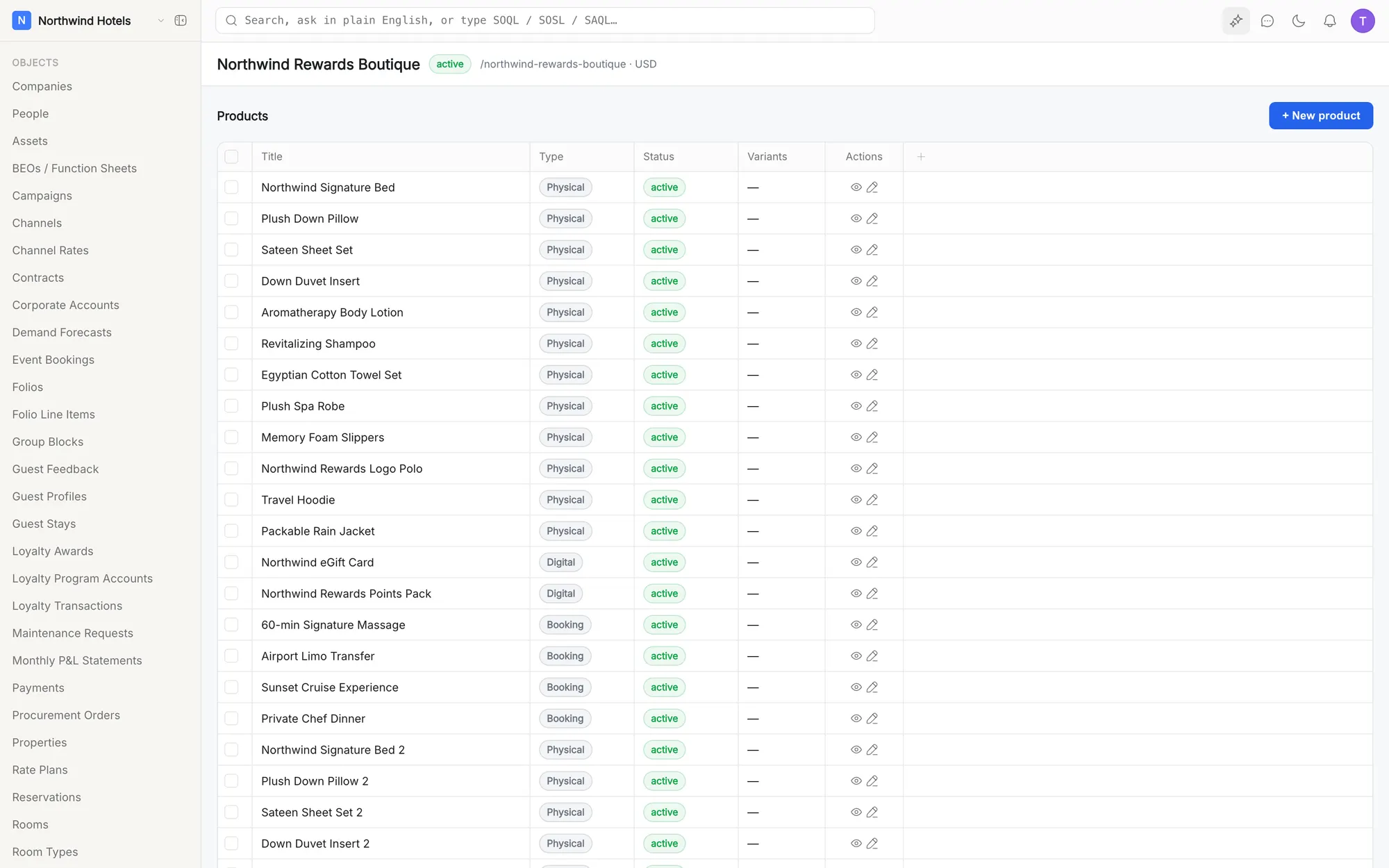 klerc product list with types, statuses and variants