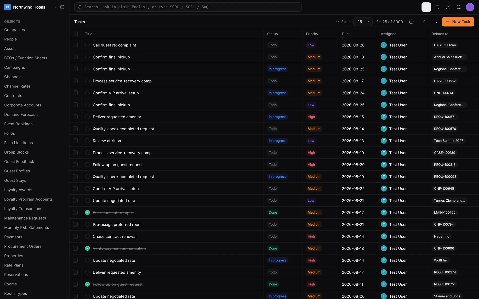 klerc task list with statuses, priorities and assignees